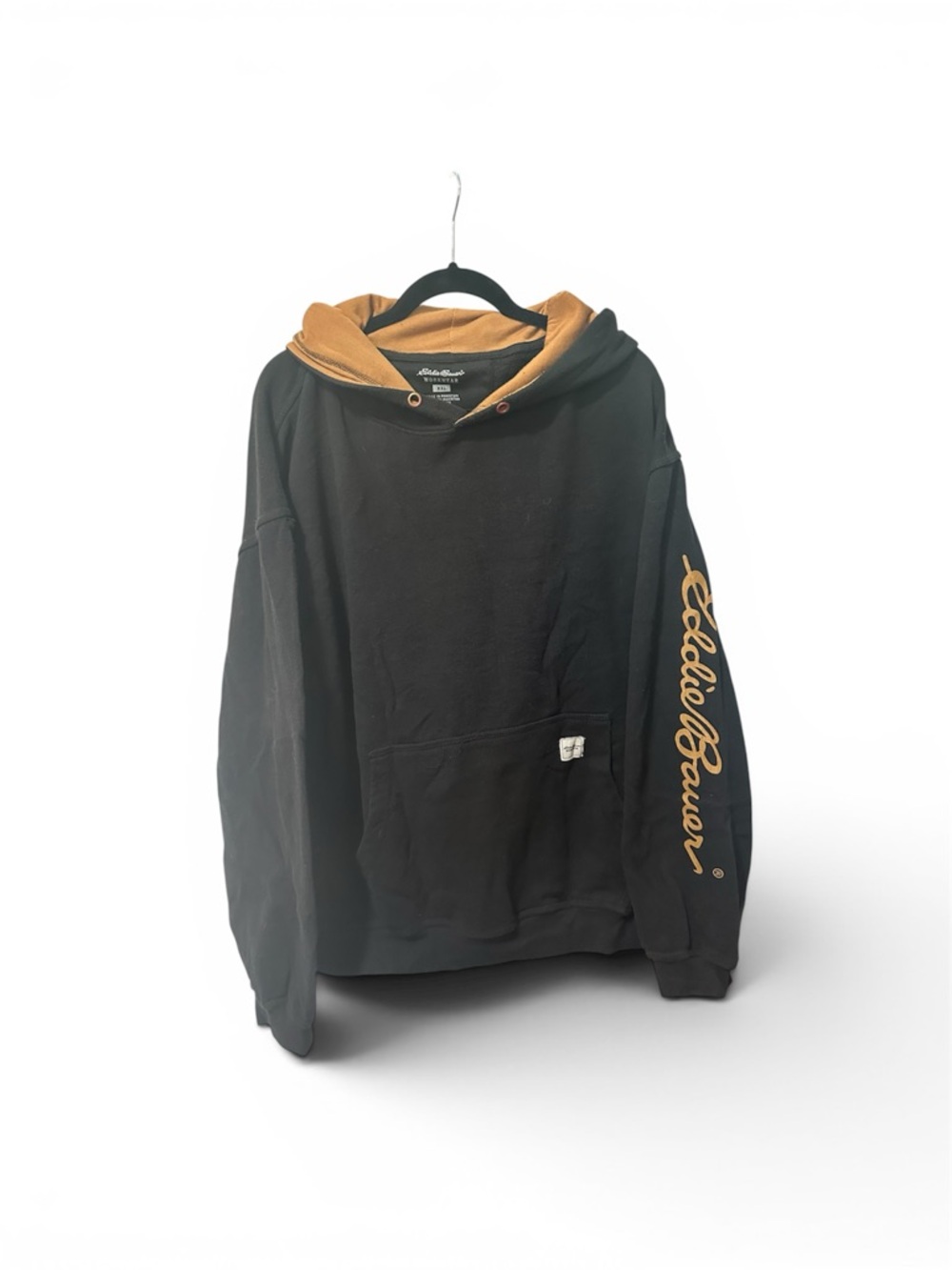 Eddie Bauer Black Hoodie with Tan Hood and Script Sleeve XXL